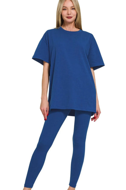 Cotton Round Neck Top & Legging Set in Lt Navy — Livostyle