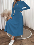 Basic Style Ribbed Knit Long Sleeve Midi Dress in Blue