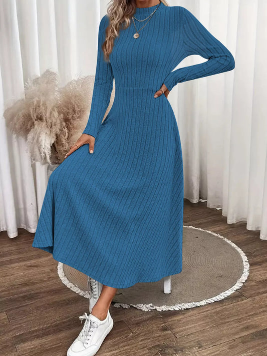 Basic Style Ribbed Knit Long Sleeve Midi Dress in Blue