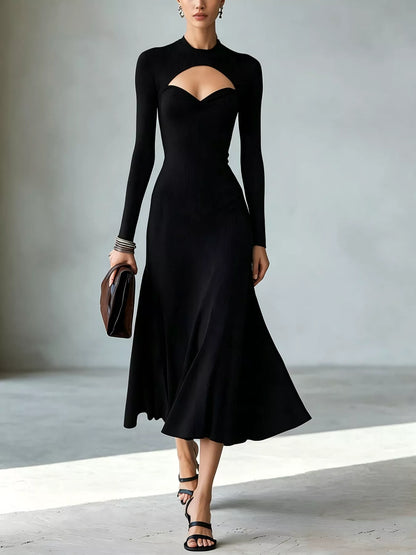 Mock Neck Cut-Out Long Sleeve Midi Dress – Plus Size in Black