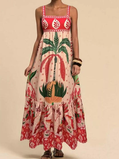 Printed Square Neck Maxi Dress in Four Colors in Deep Red