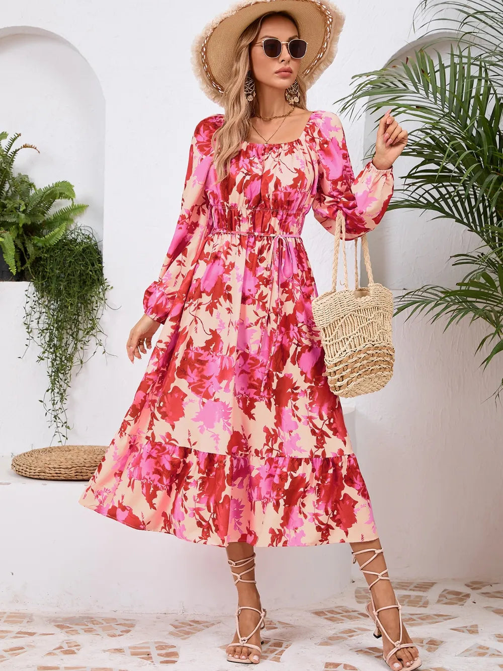 Printed Long Sleeve Midi Dress with Tie Detail in Deep Rose