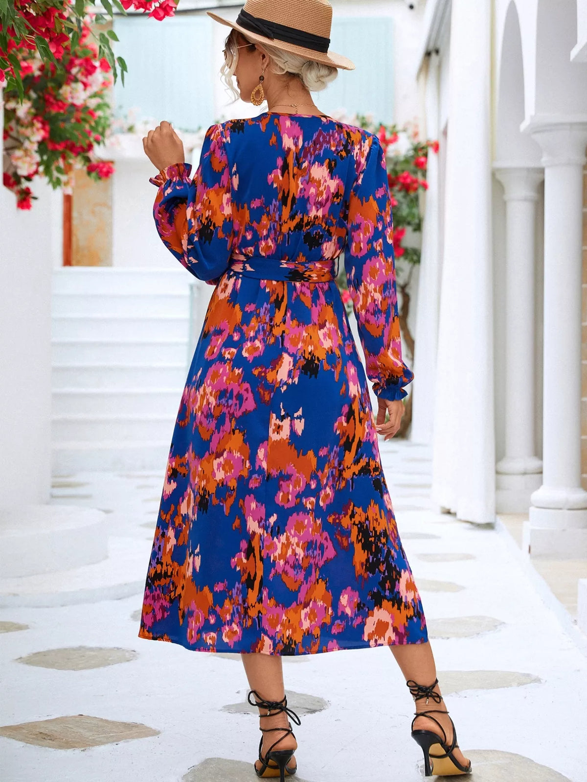 Printed Belted Surplice Long Sleeve Midi Dress with Slit – photo 8