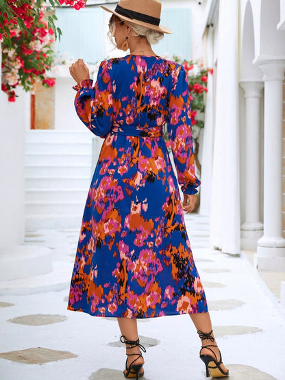 Printed Belted Surplice Long Sleeve Midi Dress with Slit – photo 8
