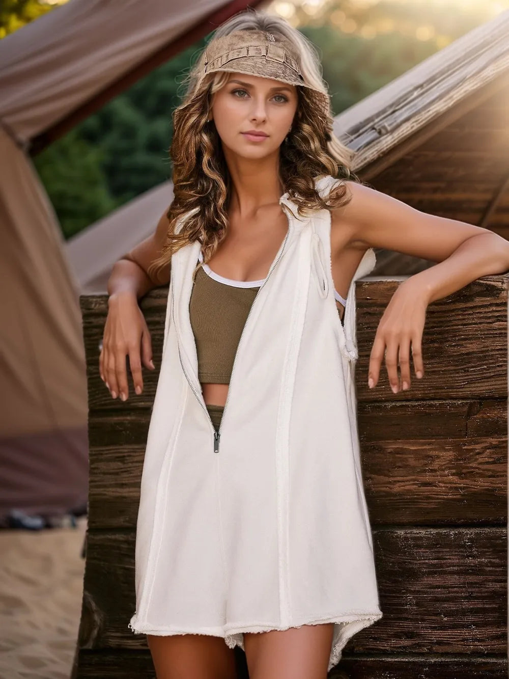 Half Zipped Hooded Sleeveless Romper closeup — Livostyle