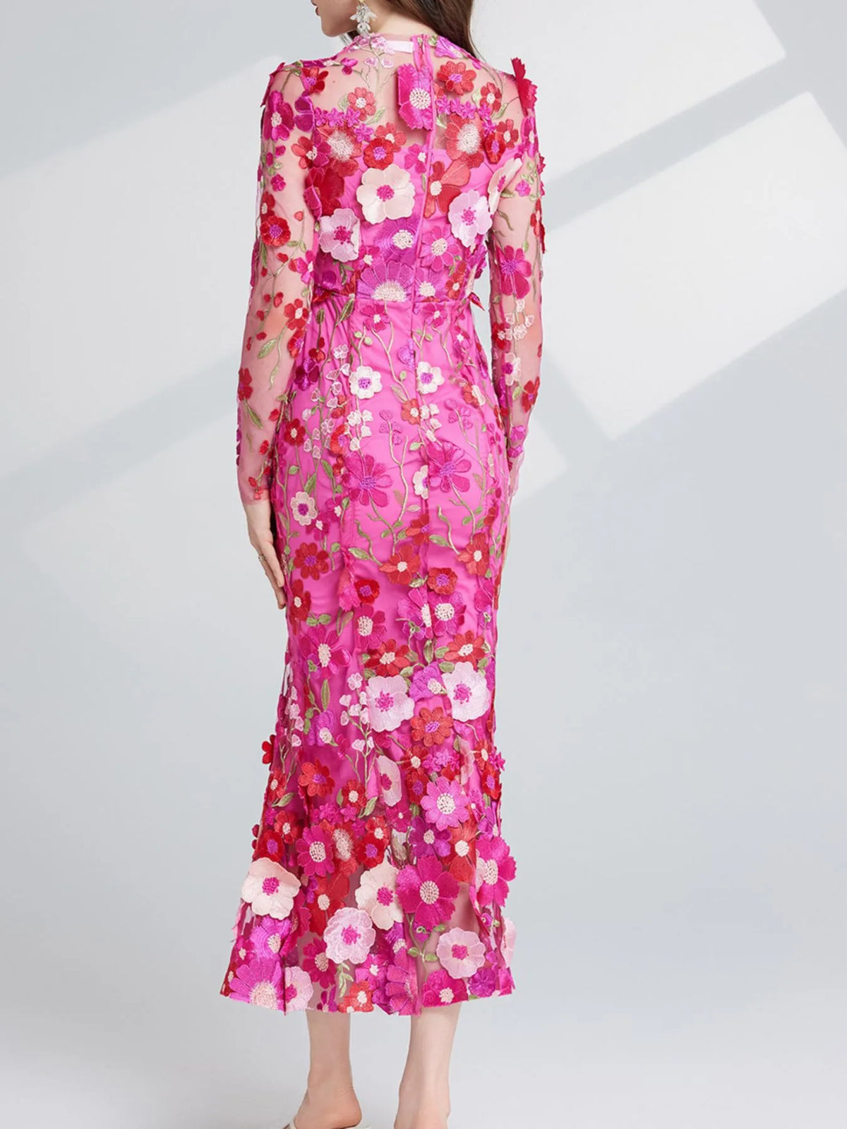 Floral Embroidered Mesh Long Sleeve Tiered Midi Dress – photo 14