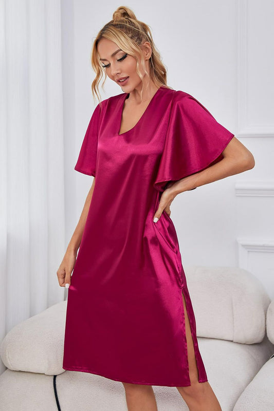 Satin Flutter Sleeve V-Neck Dress with Side Slit in Vivid Cerise