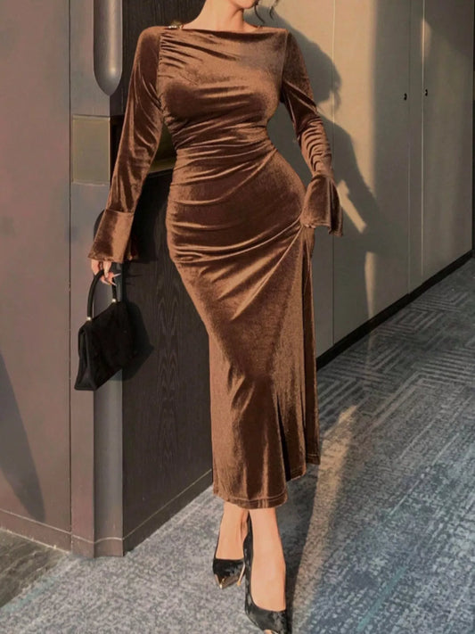 Velvet Ruched Bodycon Midi Dress with Zipper in Brown