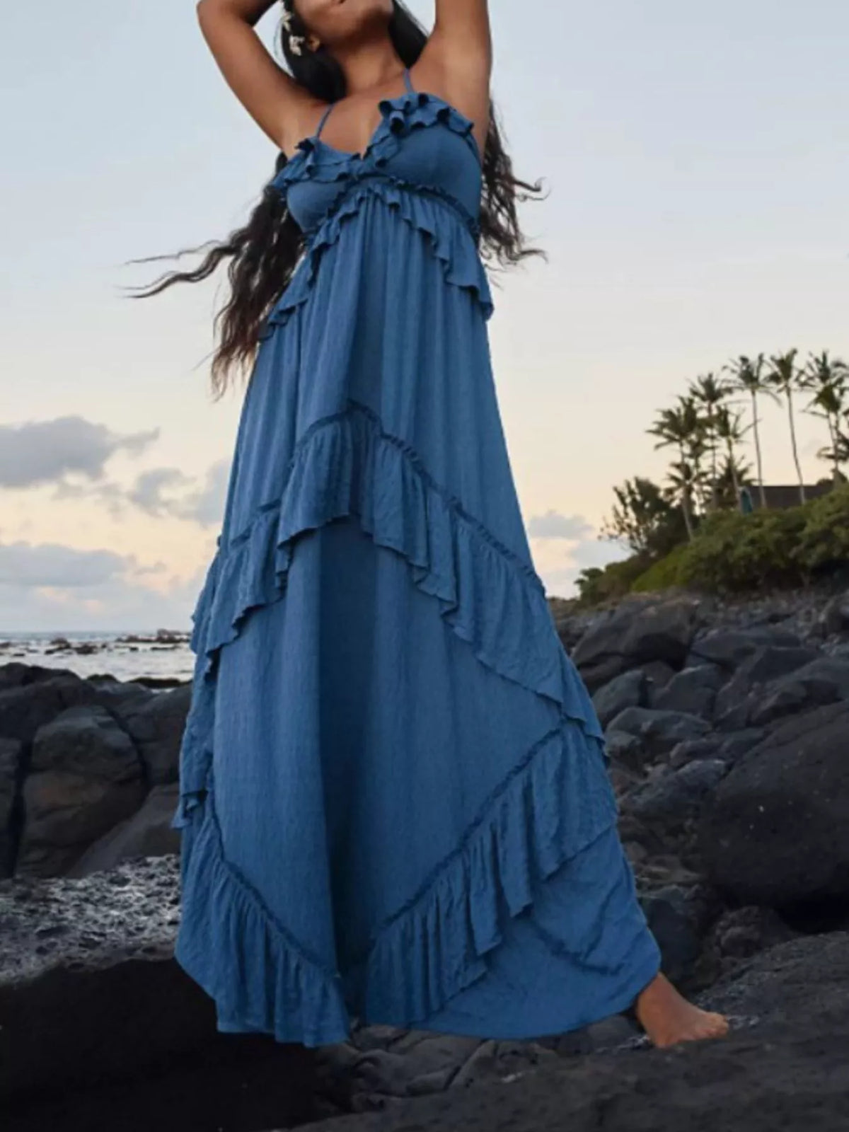 Ruffled Halter Neck Tie Maxi Dress in Dusty Blue