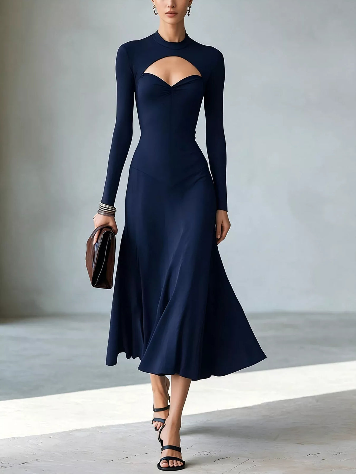 Mock Neck Cut-Out Long Sleeve Midi Dress – Plus Size in Navy