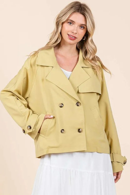 Double Breasted Long Sleeve Trench Coat Jacket — Cropped Yellow — Livostyle