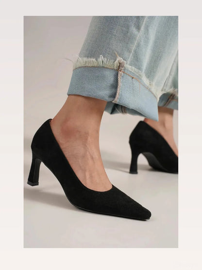 Elegant Faux Suede Mid-Heel Pumps with Pointed Toe — styled showcase — Livostyle