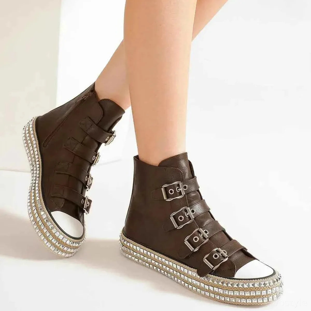 Trendy Punk-Inspired Multi-Buckle Studded Platform Sneakers — square view — Livostyle