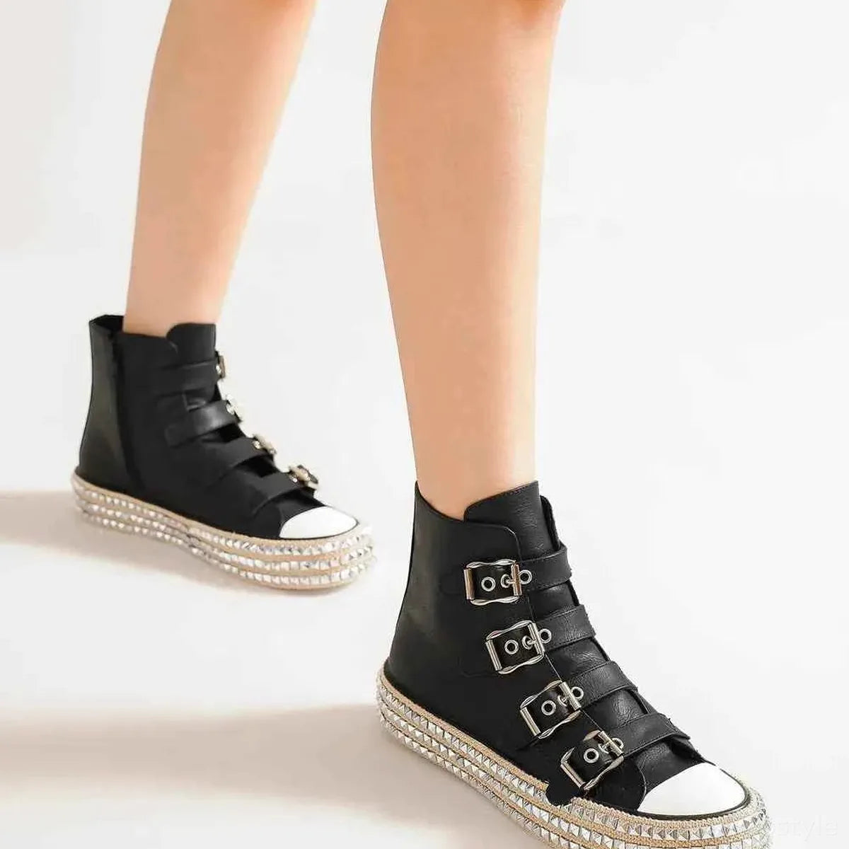 Edgy Multi-Buckle Studded Platform Sneakers for Trendy Stree — square view — Livostyle