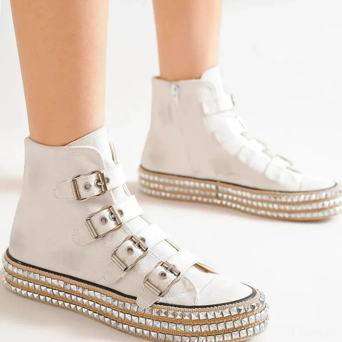 Edgy Multi-Buckle Studded Platform Sneakers for Ultimate Str — square view — Livostyle