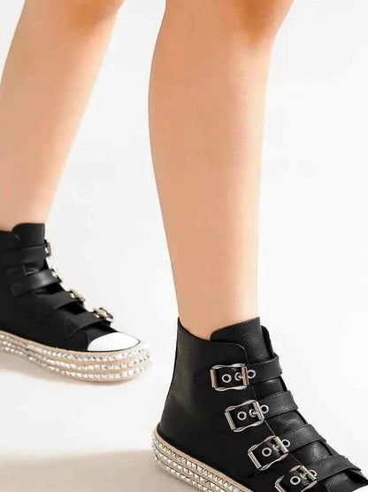 Edgy Multi-Buckle Studded Platform Sneakers for Trendy Stree — detail view — Livostyle