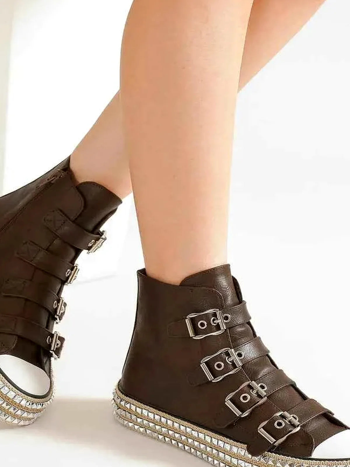 Trendy Punk-Inspired Multi-Buckle Studded Platform Sneakers — detail view — Livostyle