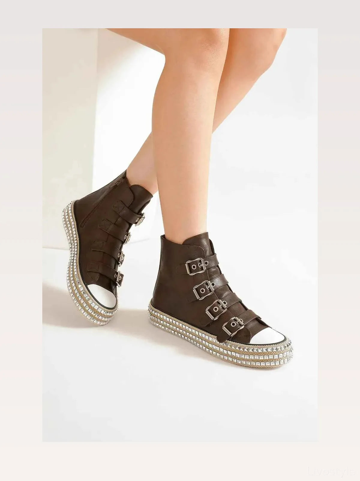 Trendy Punk-Inspired Multi-Buckle Studded Platform Sneakers — styled showcase — Livostyle