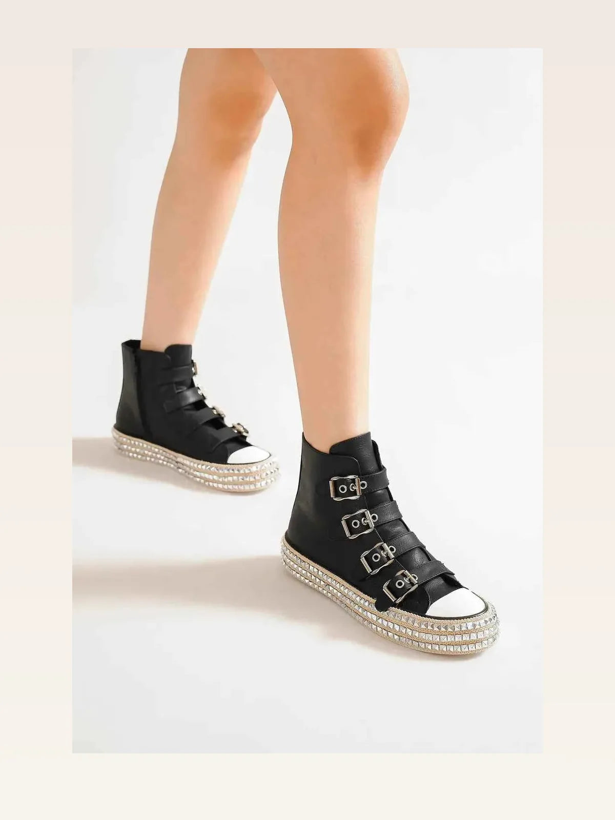 Edgy Multi-Buckle Studded Platform Sneakers for Trendy Stree — styled showcase — Livostyle