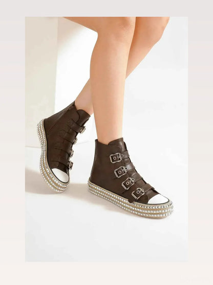 Trendy Punk-Inspired Multi-Buckle Studded Platform Sneakers — styled showcase — Livostyle