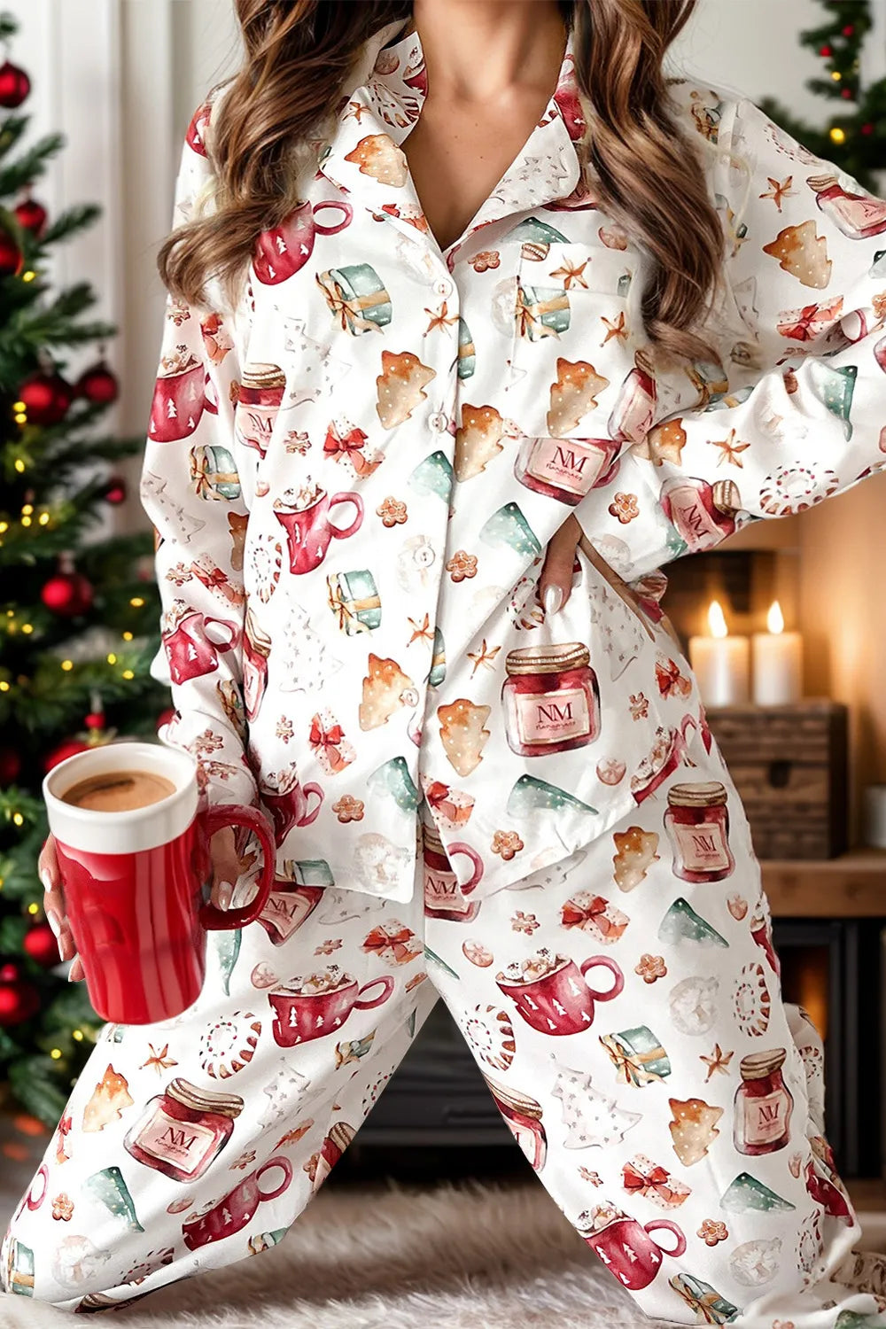 Printed Collared Neck Top and Pants Lounge Set — Livostyle