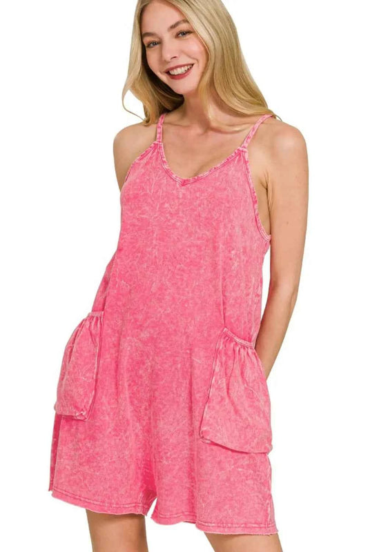 Zenana Acid Crinkle Washed Spaghetti Strap Romper