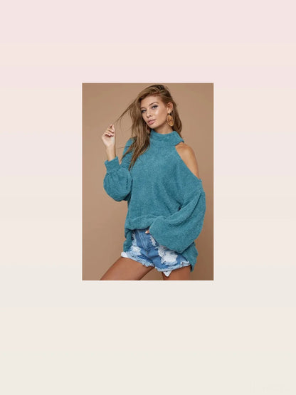 Chic Belle One-Shoulder Turtleneck Sweater with Cutout Detai — styled showcase — Livostyle