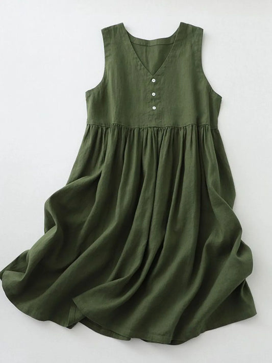V-Neck Button Detail Sleeveless Midi Dress in Army Green