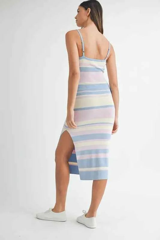 MABLE Multi Color Striped Front Cutout Knit Midi Dress