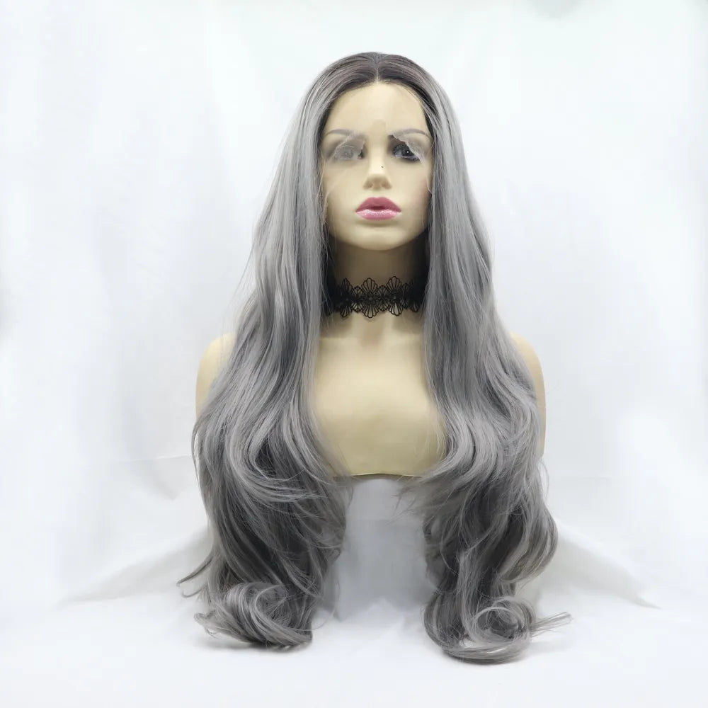 24" Lace Front Synthetic Wig in Gray, Long Wavy — Livostyle