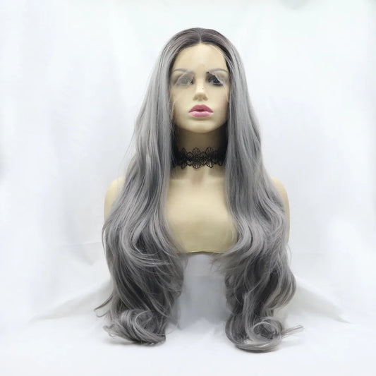 24" Lace Front Synthetic Wig in Gray, Long Wavy — Livostyle