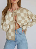 Checkered Tie-Front Cropped Cardigan — Livostyle