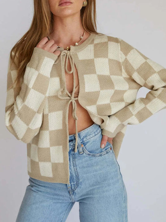 Checkered Tie-Front Cropped Cardigan — Livostyle