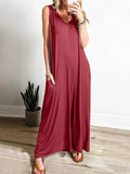 Sleeveless V-Neck Jumpsuit with Pockets in Wine Red