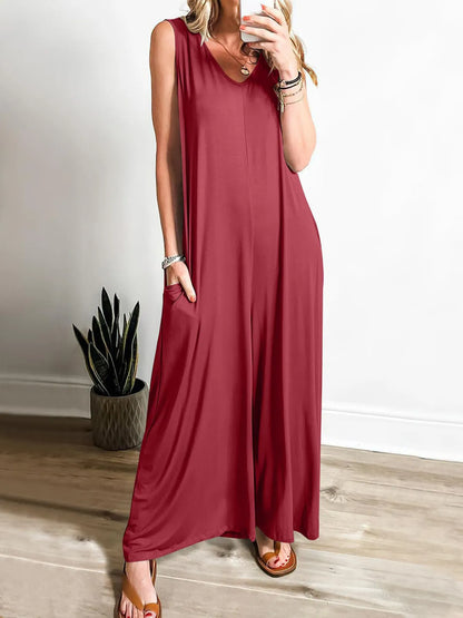 Sleeveless V-Neck Jumpsuit with Pockets in Wine Red