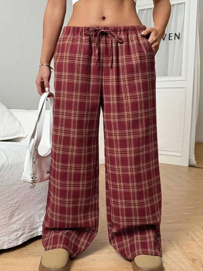 Plaid Drawstring Wide Leg Pants back view — Livostyle