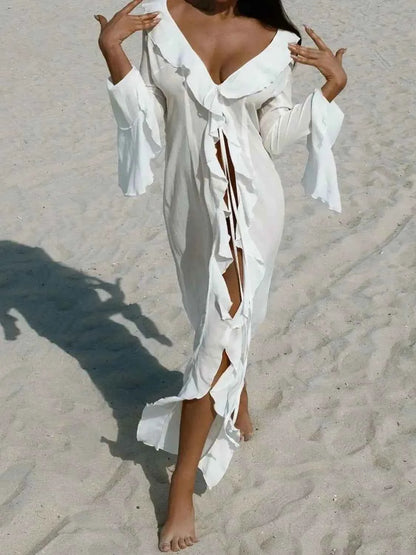 Ruffled Long Sleeve Cover-Up Dress — Livostyle