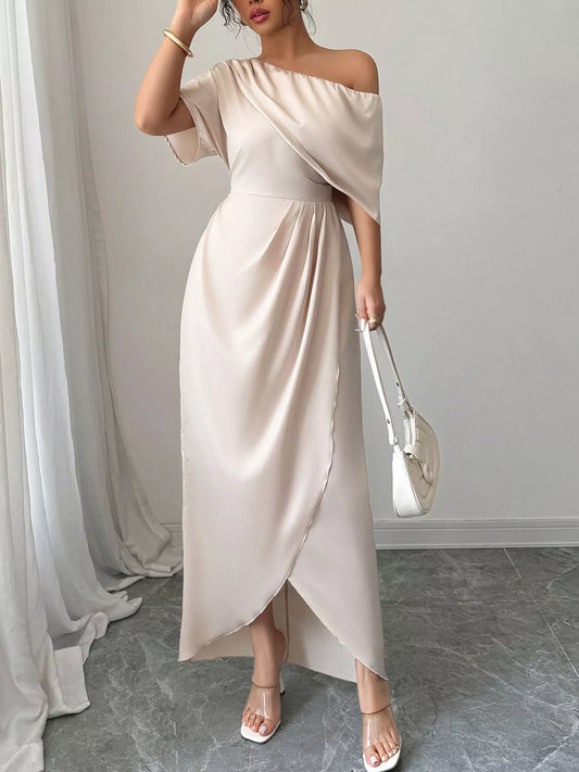 One-Shoulder Ruched Satin Maxi Dress with Zipper in Champagne Color