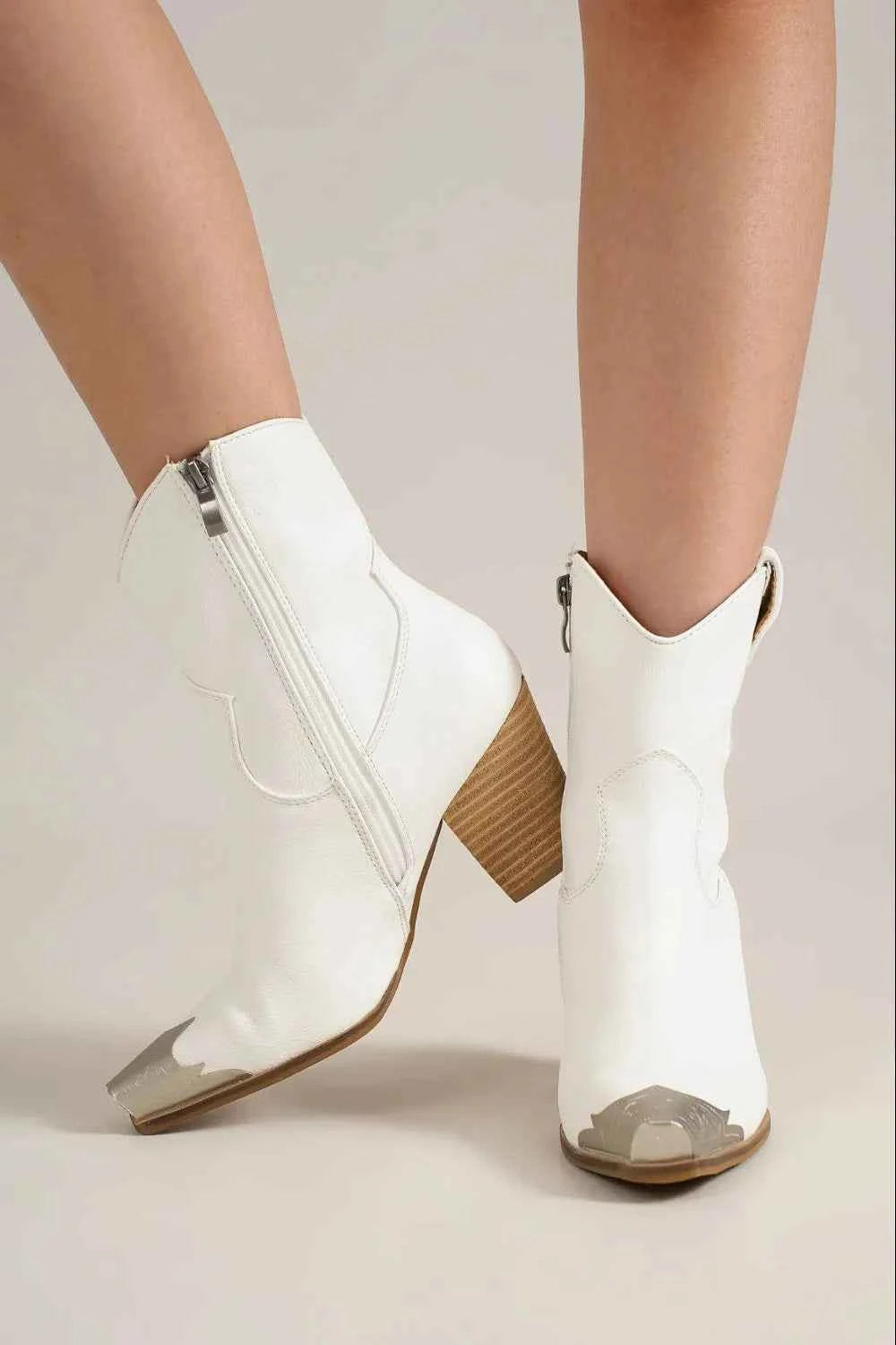 Chic Block Heel Boots with Metallic Toe Cap & Side Zipper
