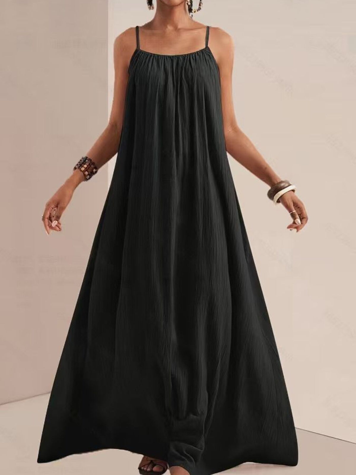Spaghetti Strap Flowy Ruched Maxi Dress in Black