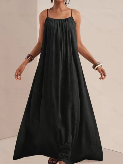 Spaghetti Strap Flowy Ruched Maxi Dress in Black