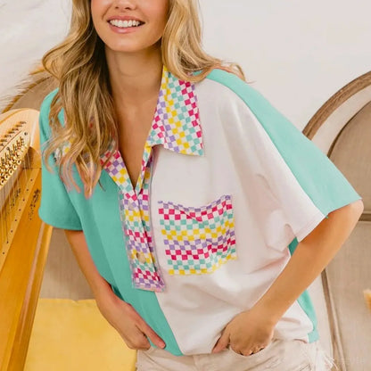 Stylish Color Block Knit Top with Trendy Checker Contrast — square view — Livostyle