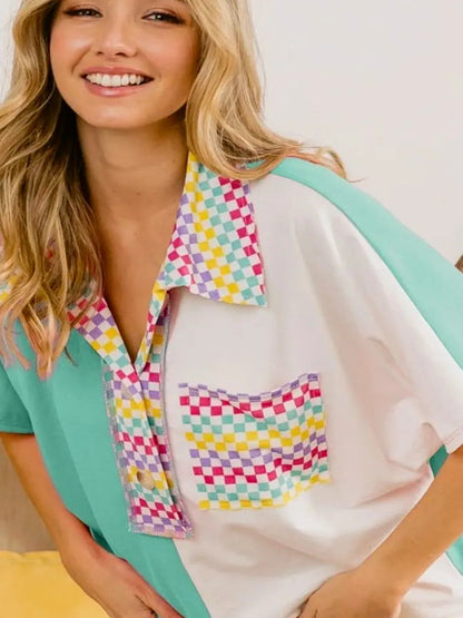 Stylish Color Block Knit Top with Trendy Checker Contrast — detail view — Livostyle