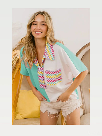 Stylish Color Block Knit Top with Trendy Checker Contrast — styled showcase — Livostyle