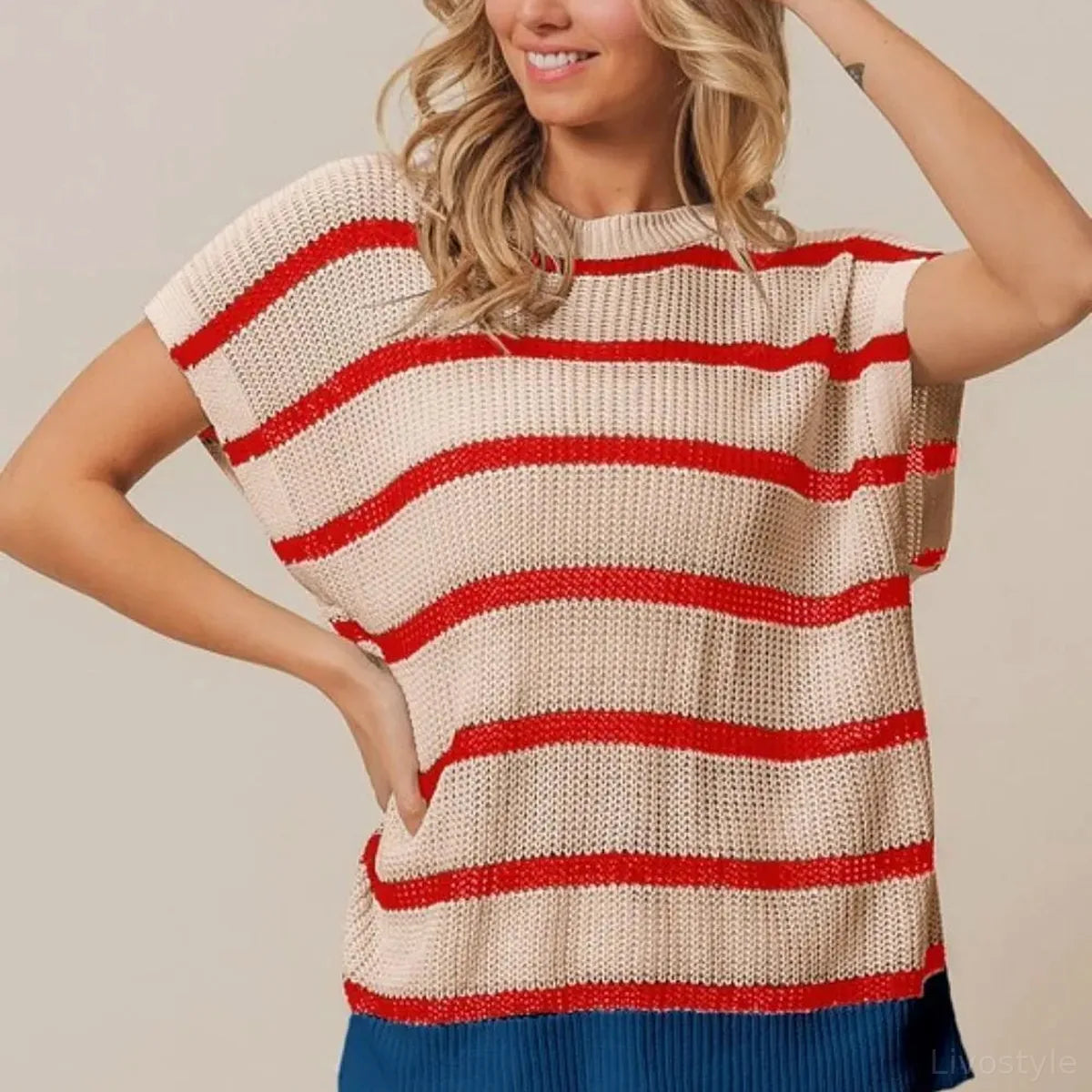 Patriotic Fourth of July Striped Sweater with Drop Shoulders — square view — Livostyle