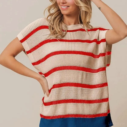 Patriotic Fourth of July Striped Sweater with Drop Shoulders — square view — Livostyle