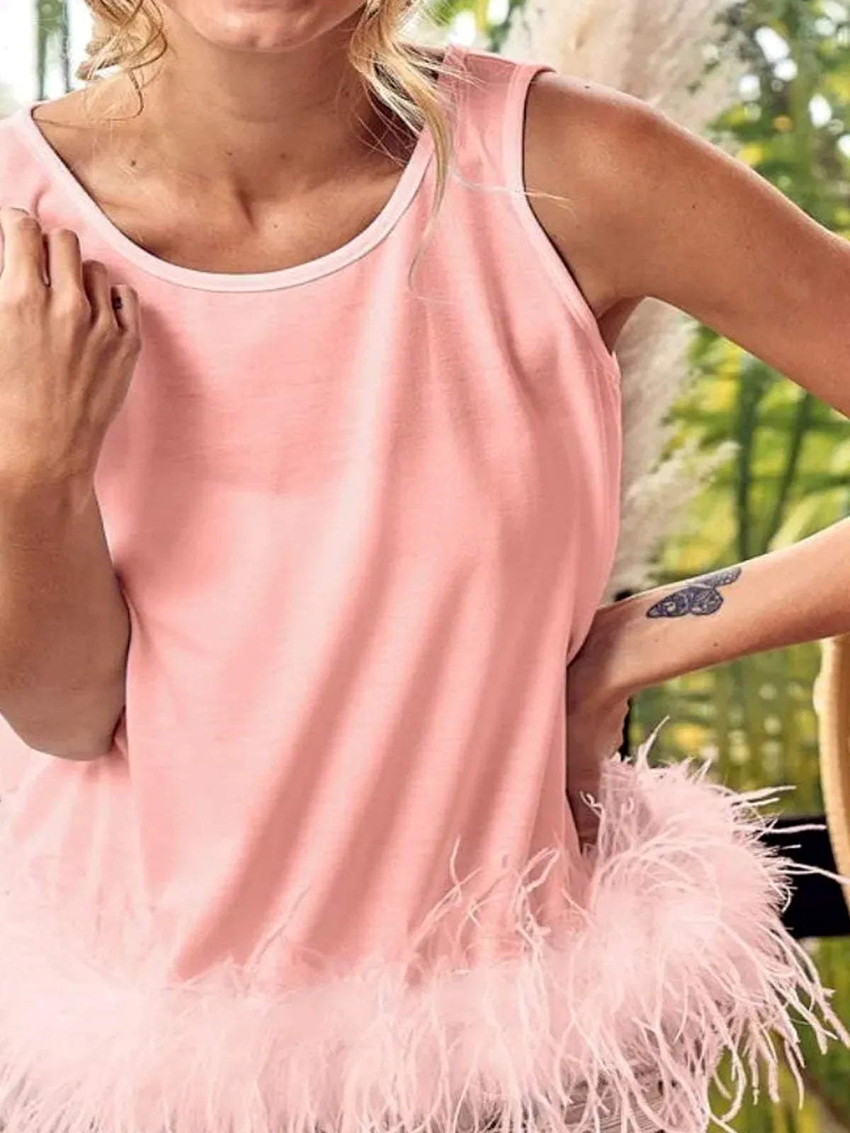 Blush Pink French Terry Top with Faux Feather Detail & Back  — detail view — Livostyle