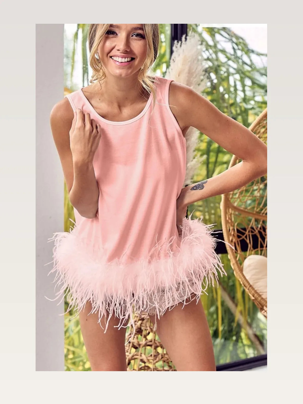 Blush Pink French Terry Top with Faux Feather Detail & Back  — styled showcase — Livostyle