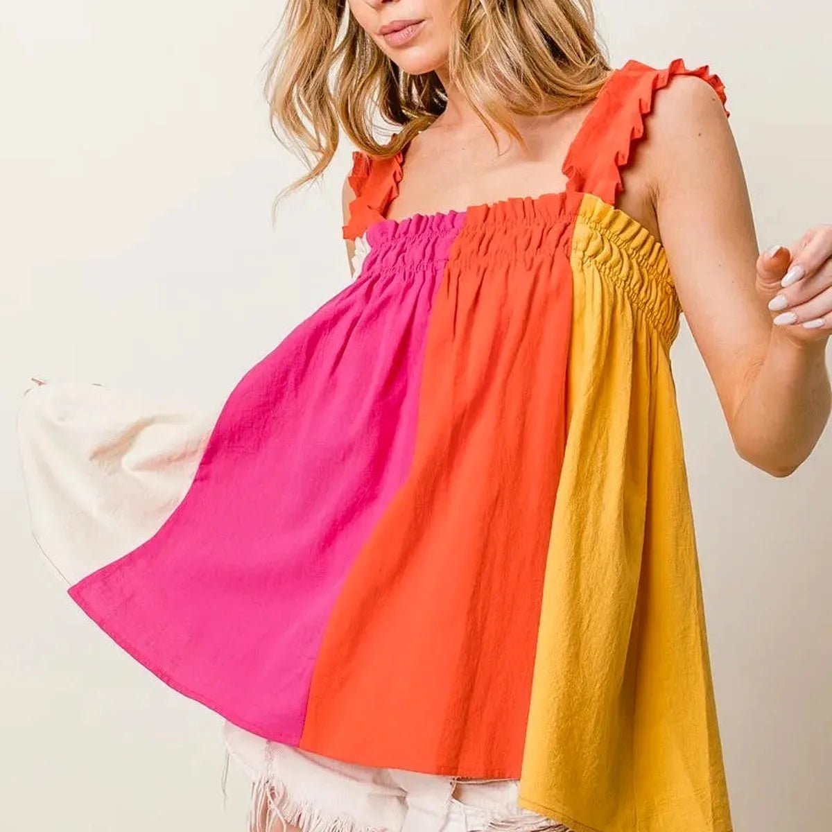 Color Block Smocked Babydoll Top with Frill Straps – photo 2