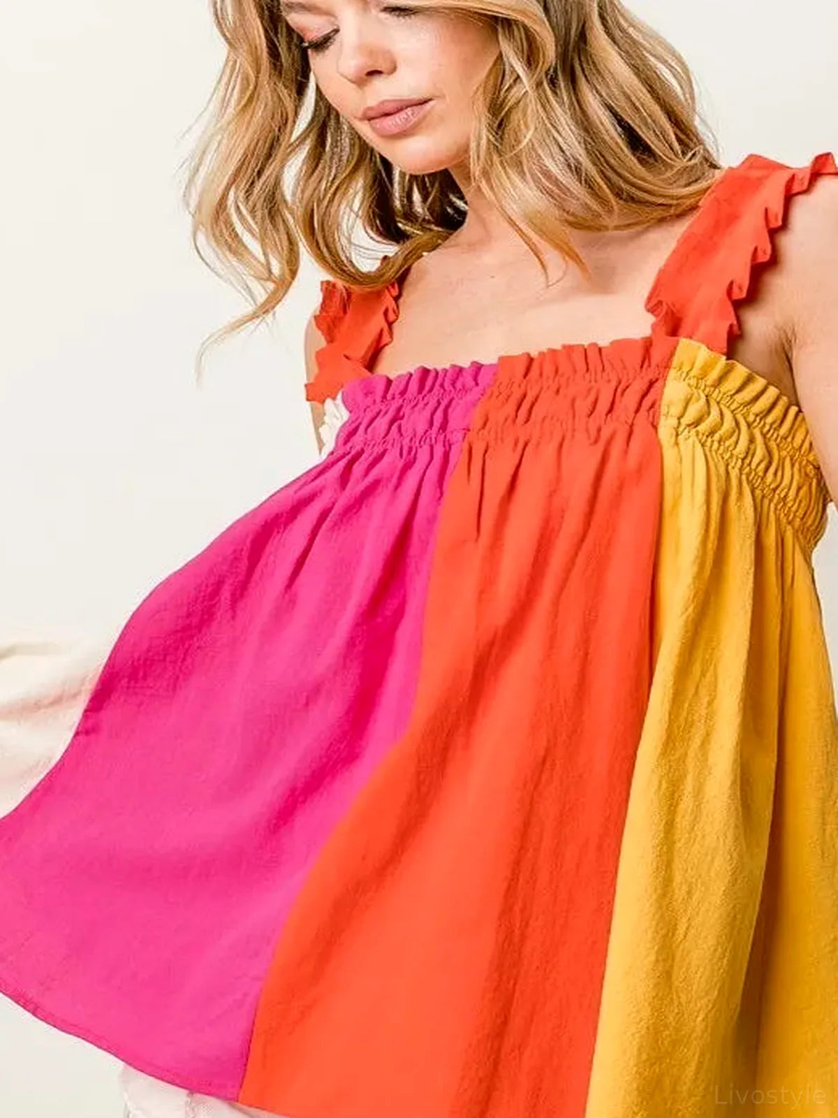 Color Block Smocked Babydoll Top with Frill Straps – photo 3